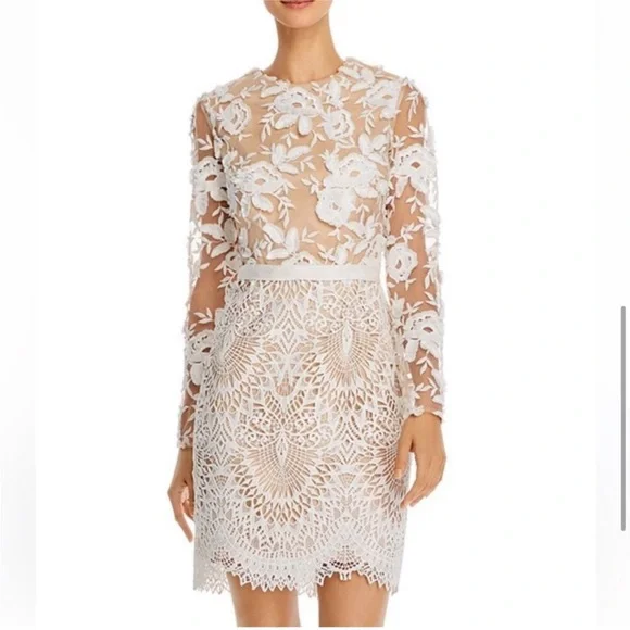 ML Monique Lhuillier White & Beige nude Lacey Cocktail formal Dress xs 3D Sz 2 - Picture 9 of 17